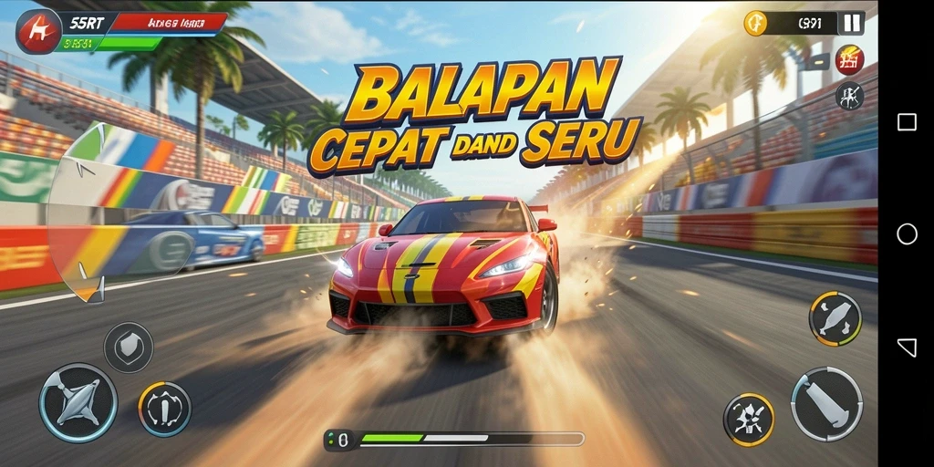 Screenshot gameplay Racing dari 55RT dengan tampilan kendaraan yang keren.