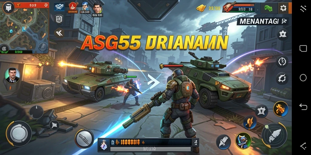 Tangkapan layar permainan ASG55 yang menunjukkan pertempuran strategis yang intens.