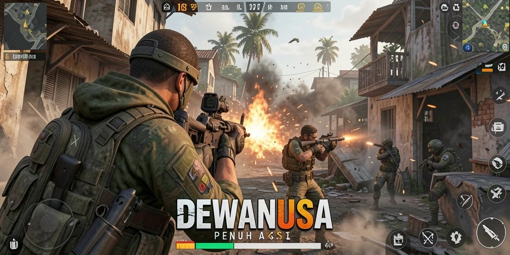 Screenshot gameplay DEWANUSA menampilkan aksi tembak-menembak yang intens.