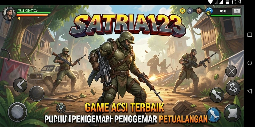 Tangkapan layar utama SATRIA123 memperlihatkan aksi seru dalam pertempuran.